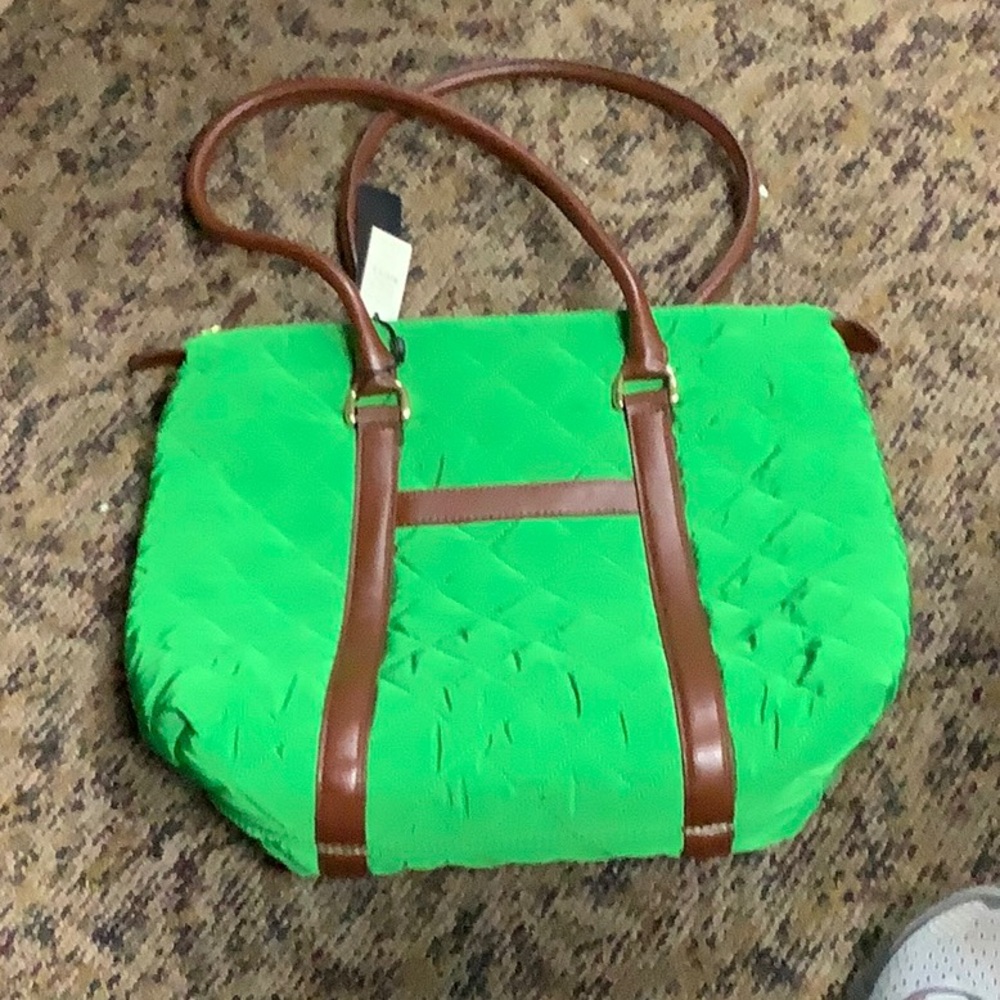 NWT Talbots Kelly Green Tote. Quilted Nylon with brown leather trim IS4